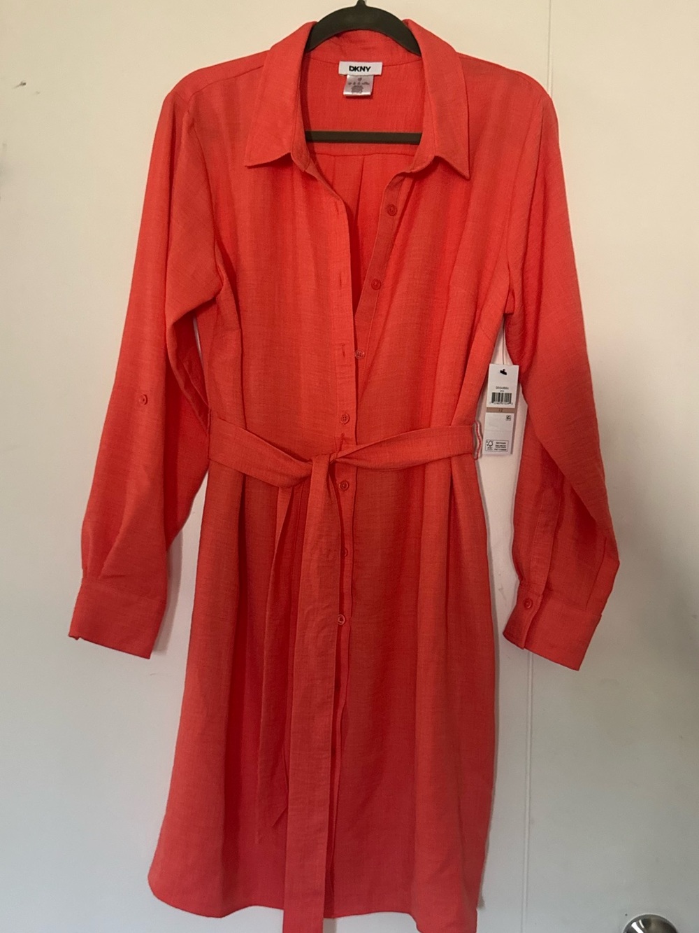 DKNY Coral Button-Front Long Sleeve Shirt Dress - Picture 2 of 8
